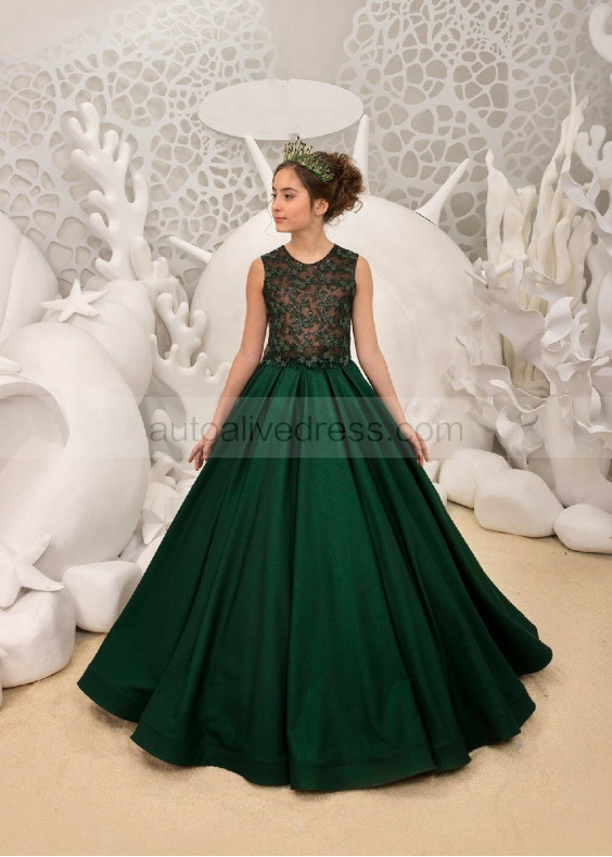 Two Pieces Beaded Dark Green Lace Satin Floor Length Flower Girl Dress